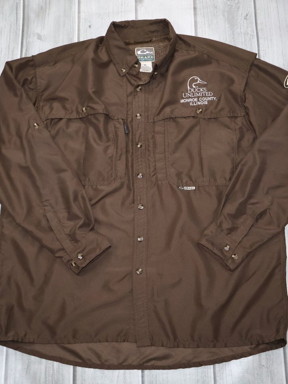 Drake Waterfowl System Men's XL Fishing Duck Shirt Brown Long Sleeve Vented Back
